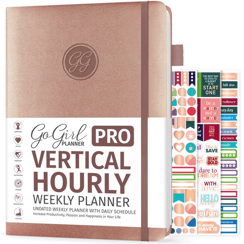 GoGirl Planner PRO Schedule - Undated Planner with Hourly Time Slots, Monthly, Weekly & Daily Organizer, Appointment Book for time Management, 7"x10" Hardcover, Lasts 1 Year - Rose Gold - Image 1